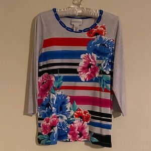 Alfred Dunner Multicolor Floral and Stripe 3/4 Sleeve Top